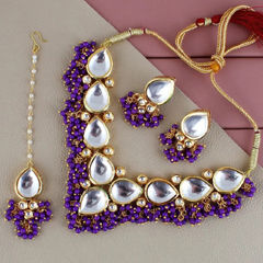 Gold Rodium Polish Purple and Violet color Necklace in Metal Alloy studded with Kundan