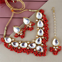 Gold Rodium Polish Red and Maroon color Necklace in Metal Alloy studded with Kundan