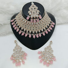 Gold Rodium Polish Pink and Majenta color Necklace in Metal Alloy studded with Kundan, Pearl