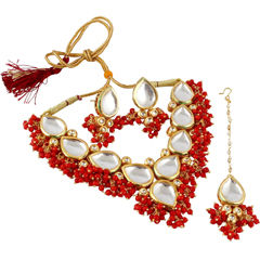 Gold Rodium Polish Red and Maroon color Necklace in Metal Alloy studded with Kundan