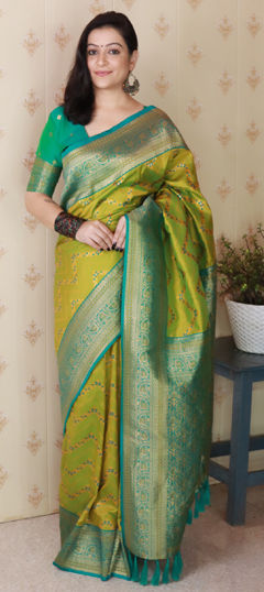 Green color Saree in Banarasi Silk fabric with Weaving, Zari work