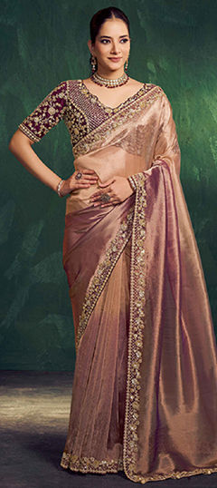 Purple and Violet color Readymade Saree in Tissue fabric with Border, Embroidered, Sequence, Thread work