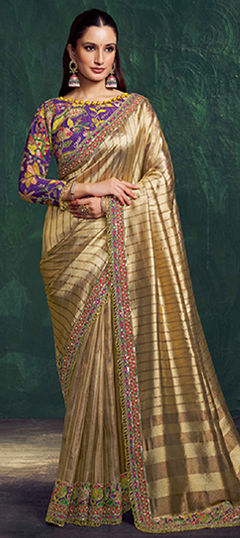 Gold color Readymade Saree in Tissue fabric with Border, Embroidered, Sequence, Thread work