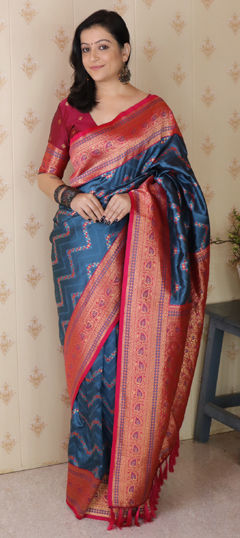 Blue color Saree in Banarasi Silk fabric with Weaving, Zari work