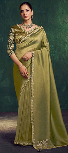 Green color Readymade Saree in Tissue fabric with Border, Embroidered, Sequence, Thread work