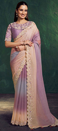 Purple and Violet color Readymade Saree in Georgette fabric with Border, Embroidered, Sequence, Thread work