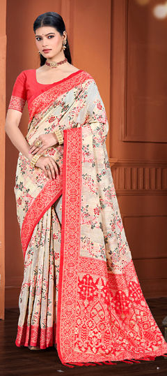 Beige and Brown color Saree in Silk cotton fabric with Weaving work