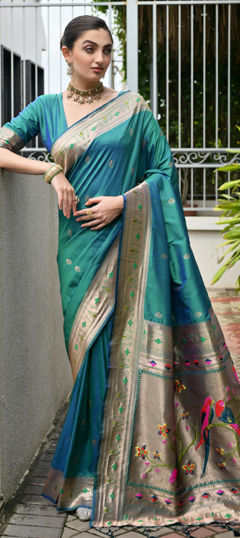 Green color Saree in Banarasi Silk fabric with Weaving, Zari work