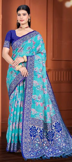 Blue color Saree in Silk cotton fabric with Weaving work