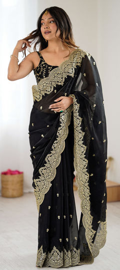 Black and Grey color Saree in Chiffon fabric with Embroidered, Sequence, Thread work