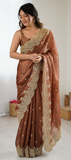 Beige and Brown color Saree in Chiffon fabric with Embroidered, Sequence, Thread work