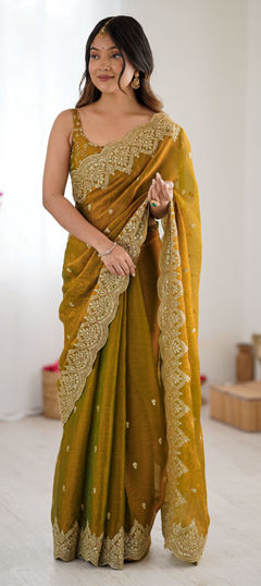 Yellow color Saree in Chiffon fabric with Embroidered, Sequence, Thread work