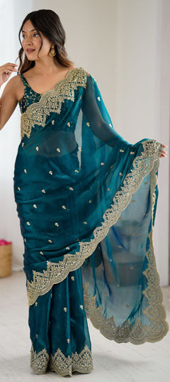 Green color Saree in Chiffon fabric with Embroidered, Sequence, Thread work