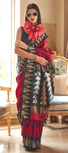 Red and Maroon color Saree in Silk fabric with Weaving work