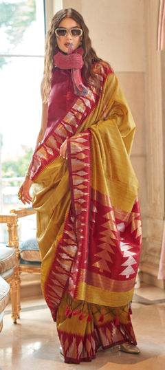 Yellow color Saree in Silk fabric with Weaving work