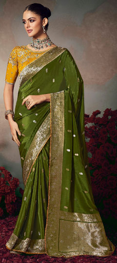 Green color Saree in Chinon Silk fabric with Embroidered, Lace, Sequence work