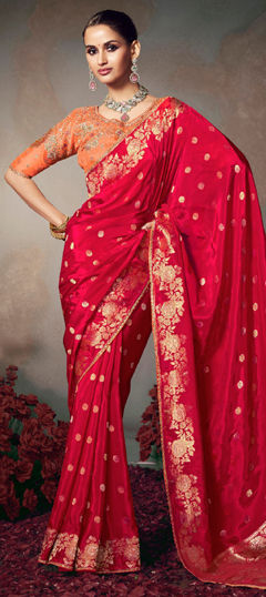 Red and Maroon color Saree in Chinon Silk fabric with Embroidered, Lace, Sequence work