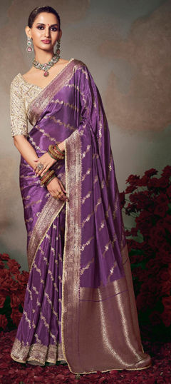 Purple and Violet color Saree in Chinon Silk fabric with Embroidered, Lace, Sequence work