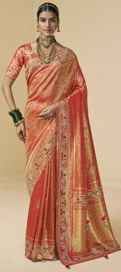 Red and Maroon color Saree in Silk fabric with Weaving, Zari, Zircon work