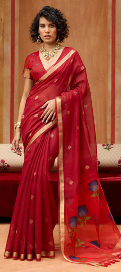 Red and Maroon color Saree in Cotton fabric with Floral, Printed, Weaving work