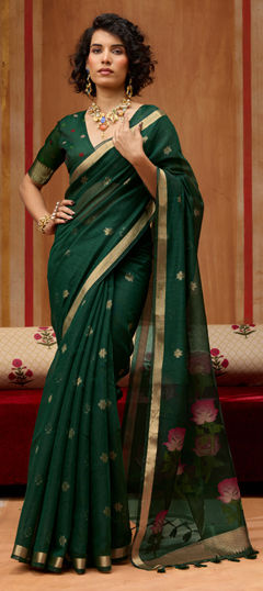 Green color Saree in Cotton fabric with Floral, Printed, Weaving work