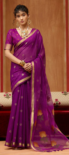 Purple and Violet color Saree in Cotton fabric with Floral, Printed, Weaving work