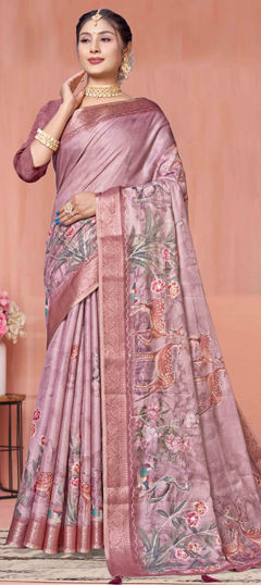 Pink and Majenta color Saree in Silk fabric with Floral, Printed, Weaving, Zari work