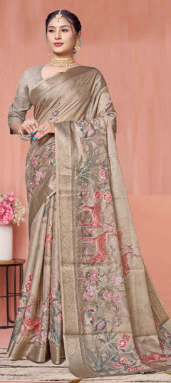 Beige and Brown color Saree in Silk fabric with Floral, Printed, Weaving, Zari work