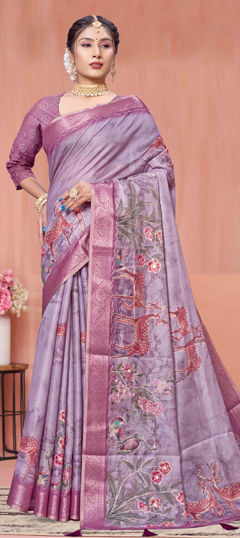 Purple and Violet color Saree in Silk fabric with Floral, Printed, Weaving, Zari work