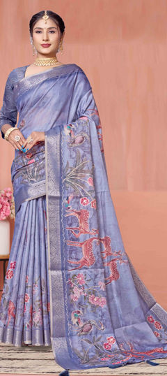Blue color Saree in Silk fabric with Floral, Printed, Weaving, Zari work