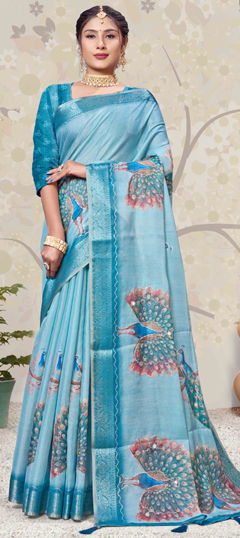 Blue color Saree in Silk fabric with Digital Print, Printed, Weaving work