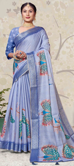 Black and Grey color Saree in Silk fabric with Digital Print, Printed, Weaving work