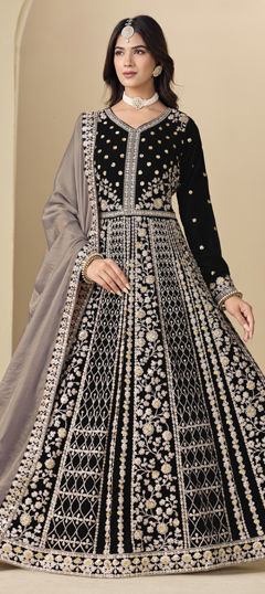 Black and Grey color Salwar Kameez in Velvet fabric with Embroidered, Sequence work