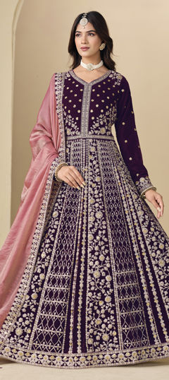 Purple and Violet color Salwar Kameez in Velvet fabric with Embroidered, Sequence work