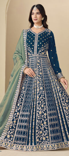 Blue color Salwar Kameez in Velvet fabric with Embroidered, Sequence work