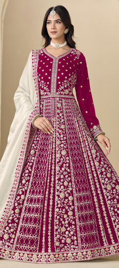 Pink and Majenta color Salwar Kameez in Velvet fabric with Embroidered, Sequence work