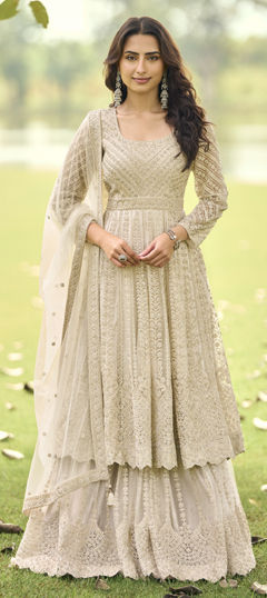Beige and Brown color Salwar Kameez in Net fabric with Bugle Beads, Embroidered, Stone work