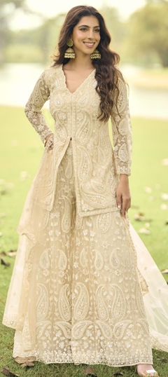 Beige and Brown color Salwar Kameez in Net fabric with Bugle Beads, Embroidered, Stone work