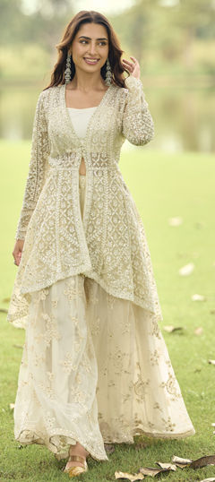 White and Off White color Salwar Kameez in Net fabric with Bugle Beads, Embroidered, Stone work