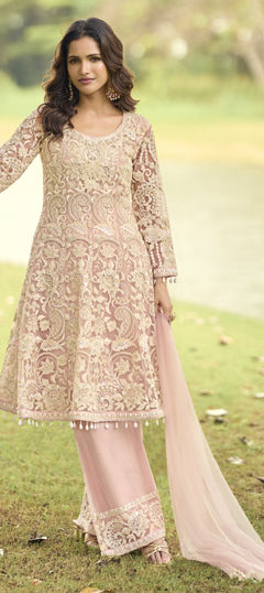 Pink and Majenta color Salwar Kameez in Net fabric with Bugle Beads, Embroidered, Stone work