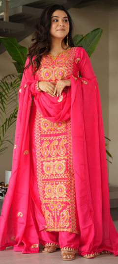 Pink and Majenta color Salwar Kameez in Chinon Silk fabric with Embroidered, Thread, Zari work