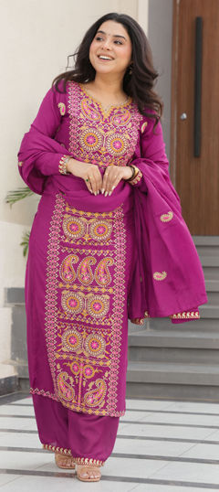 Pink and Majenta color Salwar Kameez in Chinon Silk fabric with Embroidered, Thread, Zari work