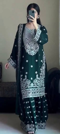 Green color Salwar Kameez in Faux Georgette fabric with Embroidered, Sequence, Thread work