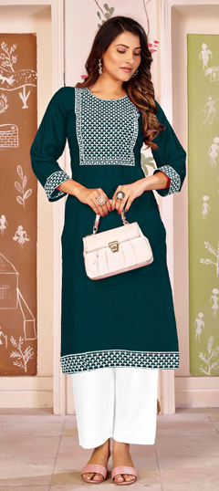 Green color Salwar Kameez in Rayon fabric with Embroidered, Resham, Thread work