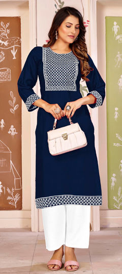 Blue color Salwar Kameez in Rayon fabric with Embroidered, Resham, Thread work