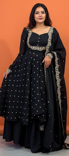 Black and Grey color Salwar Kameez in Silk fabric with Embroidered, Sequence, Thread work