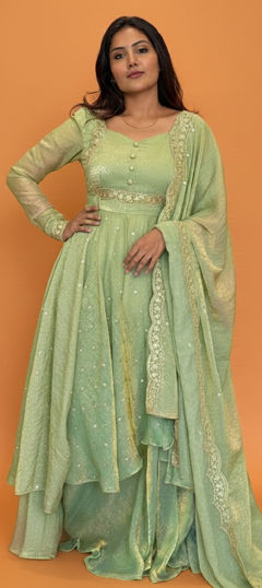 Green color Salwar Kameez in Silk fabric with Embroidered, Sequence, Thread work