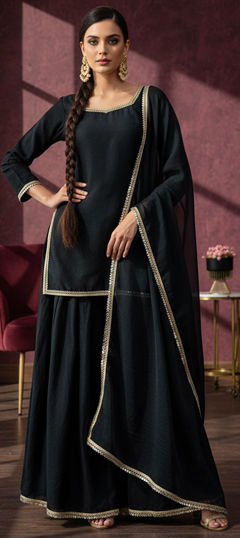 Black and Grey color Salwar Kameez in Tissue fabric with Lace, Mirror work