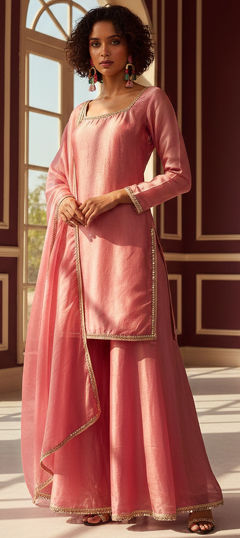 Pink and Majenta color Salwar Kameez in Tissue fabric with Lace, Mirror work