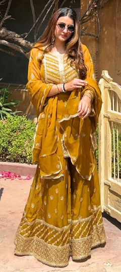 Yellow color Salwar Kameez in Faux Georgette fabric with Embroidered, Thread work